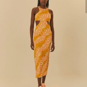 FARM Rio Mustard Yellow & White Geometric Cutout Midi Dress